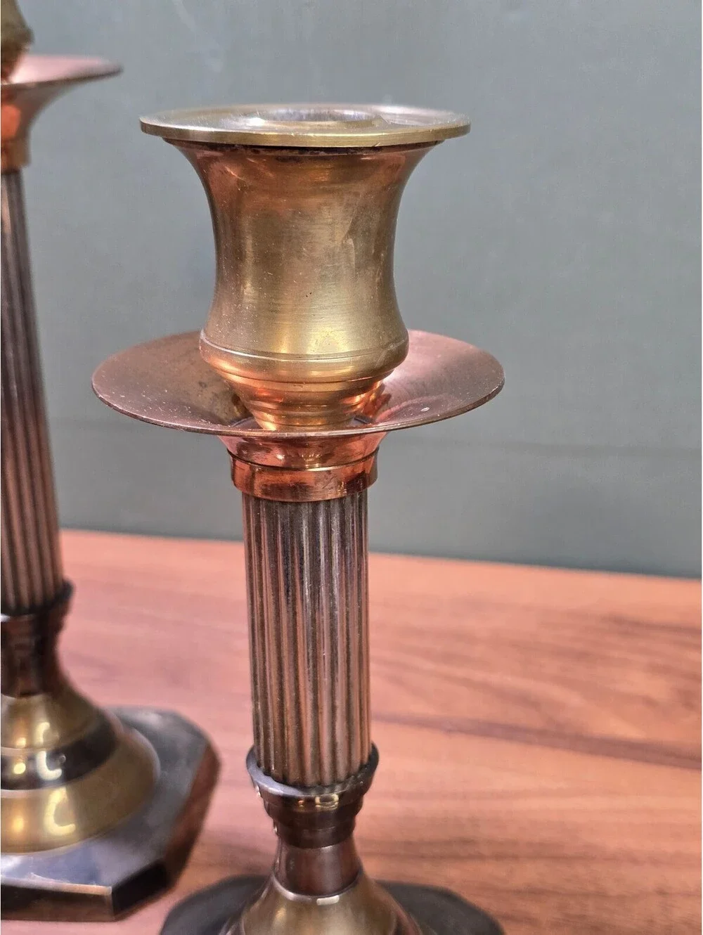 Vintage Corinthian Fluted Pillar Candlesticks Mixed Metal 3 Piece Trio Set